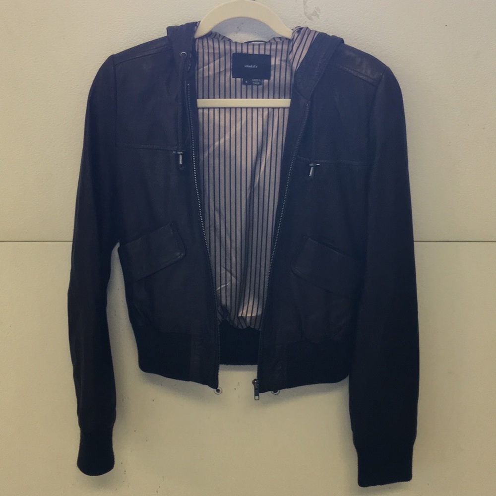 Indentify Brown Leather Zip Up Jacket with Hoodie